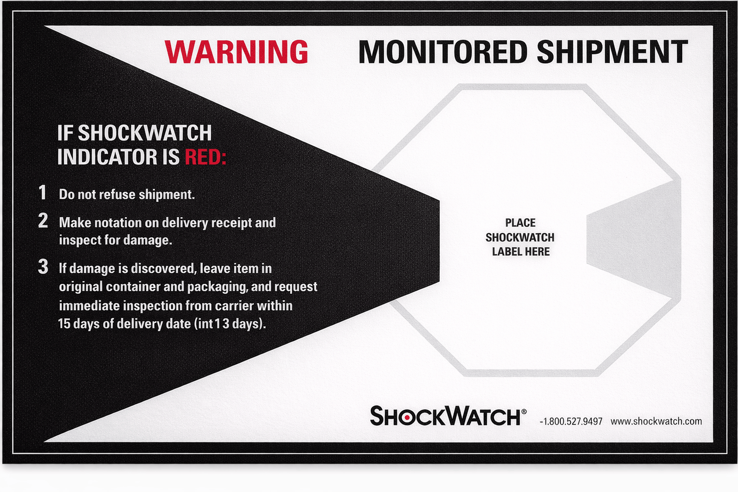 ShockDot® / ShockWatch® companion label showing monitored shipment warning and inspection instructions for ShockWatch impact indicators