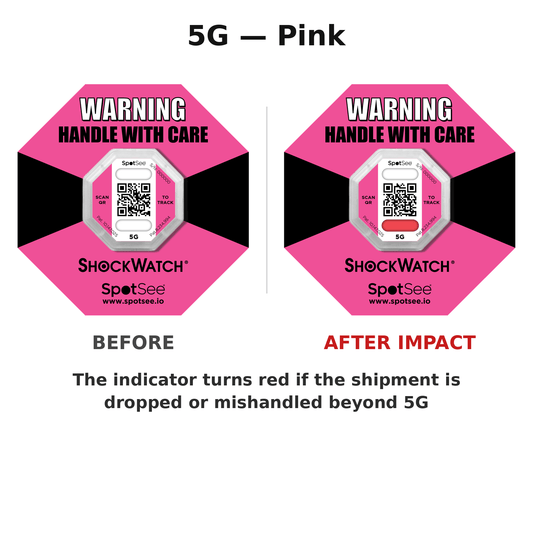 ShockWatch 2 QR 5G pink shown before and after impact — the window turns red if the shipment is dropped or mishandled beyond 5G