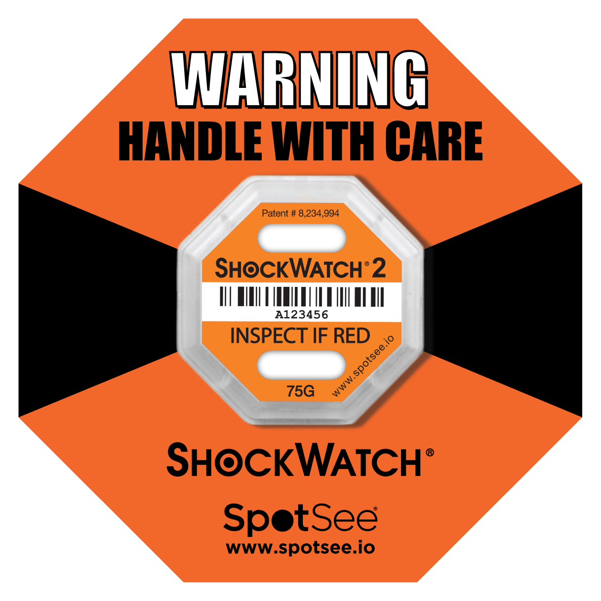 SpotSee® ShockWatch 2 Impact Indicators (5G–75G | 10 & 100 Packs)