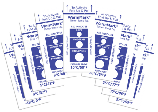SpotSee Cold Chain Complete XS temperature monitoring card with integrated WarmMark indicators for cold chain validation
