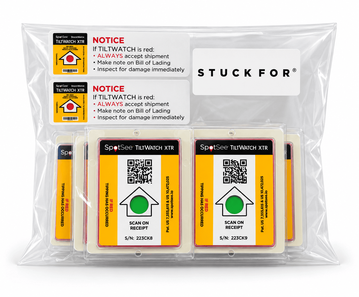 Stuck For TiltWatch XTR QR tilt indicators, 10 pack in a grip-seal bag with notice labels