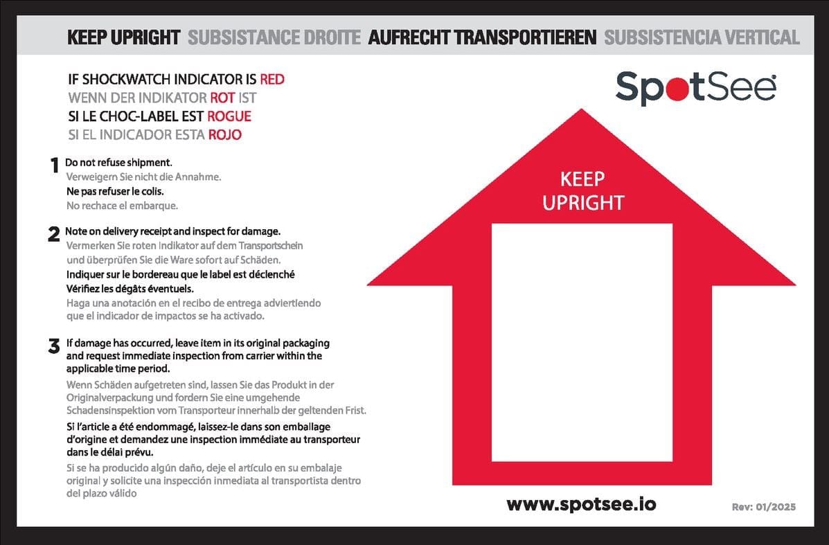 SpotSee TiltWatch XTR multilingual companion label with handling instructions in English, Spanish, French and German for orientation-monitored shipments
