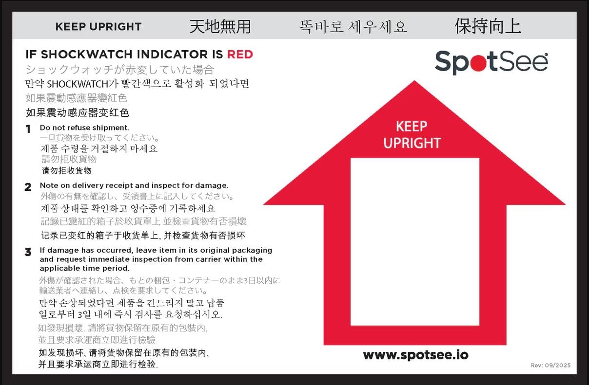 SpotSee TiltWatch XTR multilingual companion label showing orientation monitoring instructions in English, Japanese, Korean and Chinese for international shipments