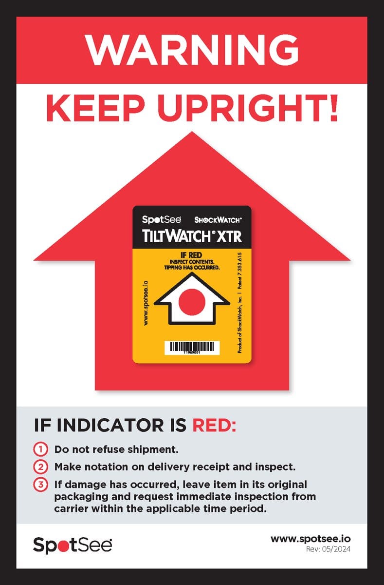 TiltWatch XTR companion label applied to a carton alongside a tilt indicator to support orientation monitoring