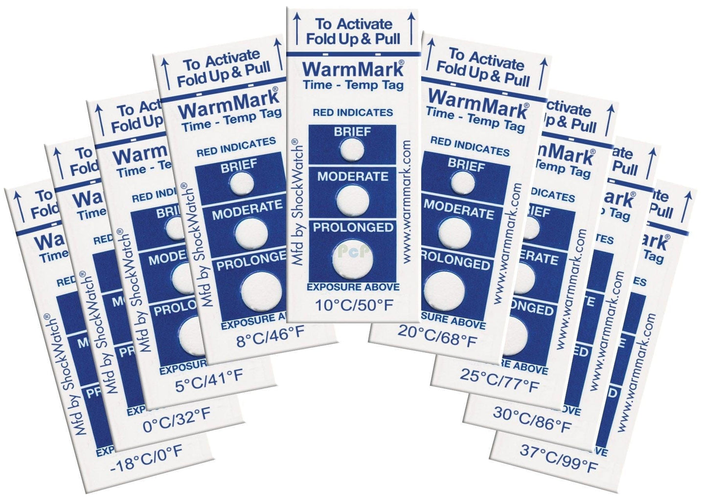 SpotSee® WarmMark® Ascending Short-Run Temperature Indicators – Sample Packs