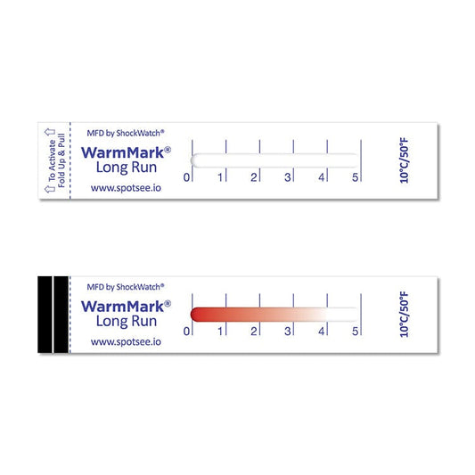 WarmMark long-run temperature indicator showing unactivated and activated states after temperature exposure