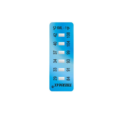 Thermax 6-Level irreversible temperature label showing activation points from 29 to 44 degrees Celsius