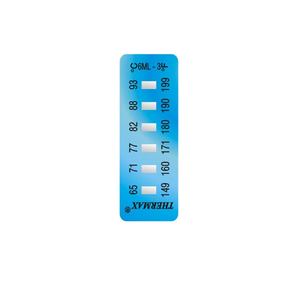 Thermax 6-Level irreversible temperature label showing activation points from 65 to 93 degrees Celsius