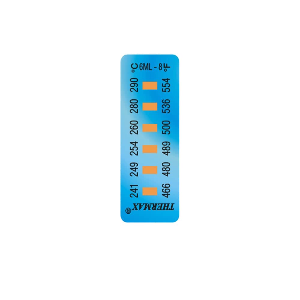 Thermax 6-Level irreversible temperature label showing activation points from 241 to 290 degrees Celsius