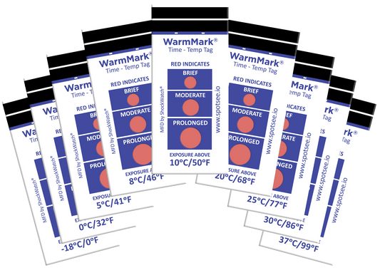 Example of an activated SpotSee Cold Chain Complete XS temperature card showing irreversible WarmMark colour change