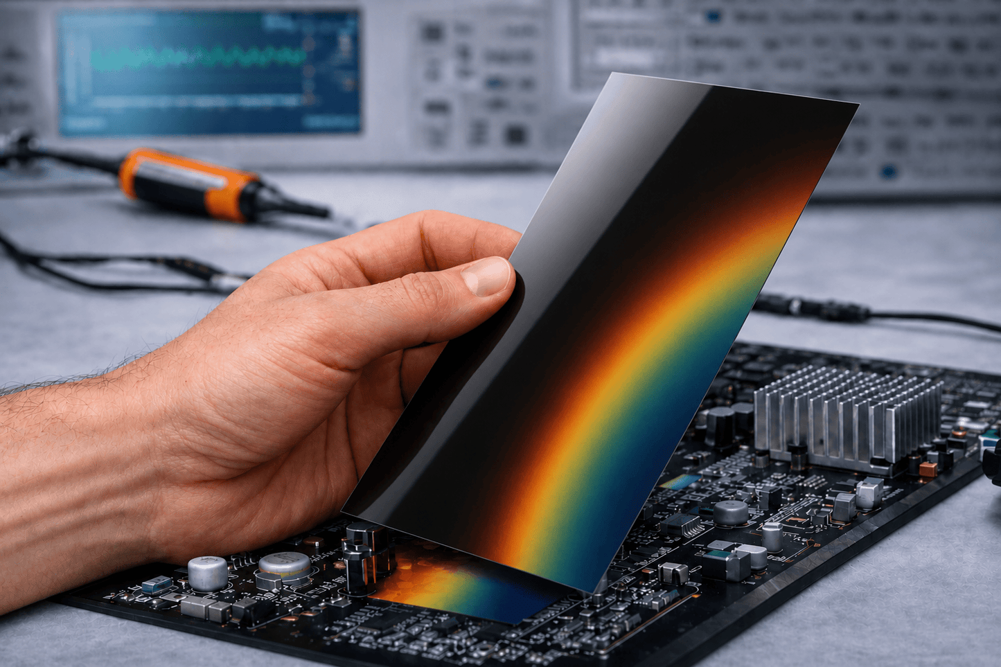 Single liquid crystal sheet held over a PCB circuit board, displaying a vivid iridescent thermal gradient revealing heat distribution across electronic components