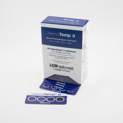 HemoTemp II blood temperature indicator packaging with labels on a white background