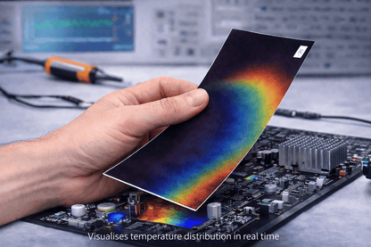 Liquid crystal temperature sheet visualising heat distribution on electronic circuit board for thermal testing, research and development applications