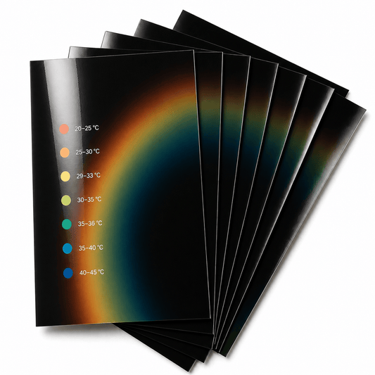 Set of thermochromic film sheets with temperature gradient display on a white background
