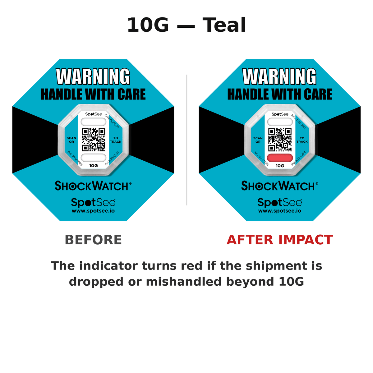 ShockWatch 2 QR 10G teal shown before and after impact — the window turns red if the shipment is dropped or mishandled beyond 10G
