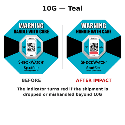 ShockWatch 2 QR 10G teal shown before and after impact — the window turns red if the shipment is dropped or mishandled beyond 10G