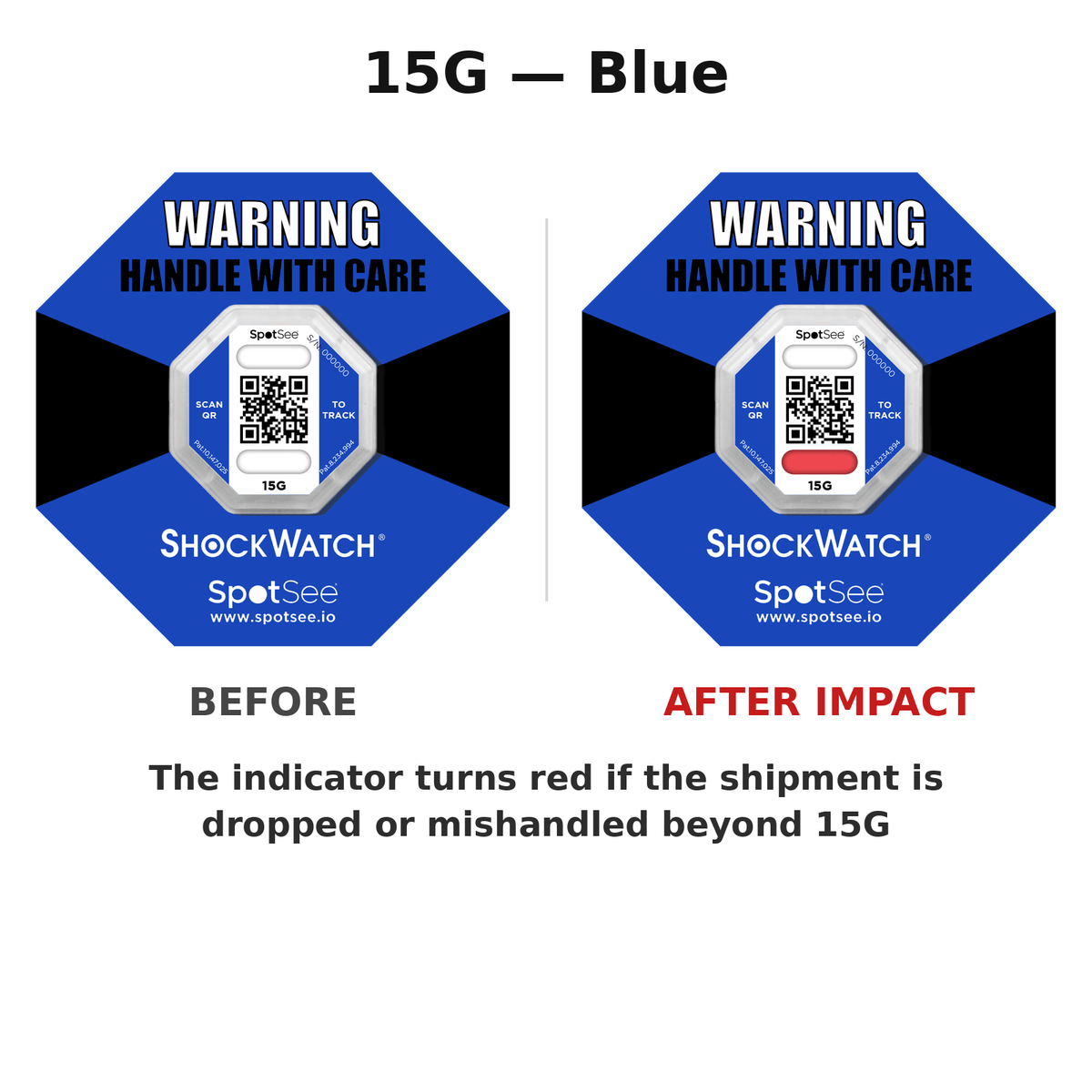 ShockWatch 2 QR 15G blue shown before and after impact — the window turns red if the shipment is dropped or mishandled beyond 15G