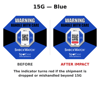 ShockWatch 2 QR 15G blue shown before and after impact — the window turns red if the shipment is dropped or mishandled beyond 15G
