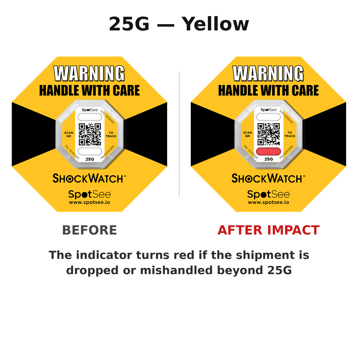 ShockWatch 2 QR 25G yellow shown before and after impact — the window turns red if the shipment is dropped or mishandled beyond 25G