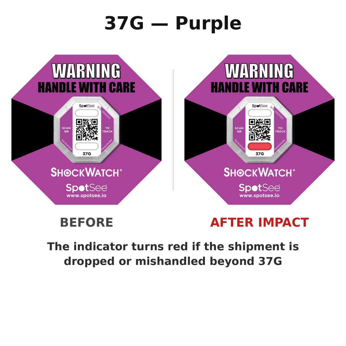 ShockWatch 2 QR 37G purple shown before and after impact — the window turns red if the shipment is dropped or mishandled beyond 37G