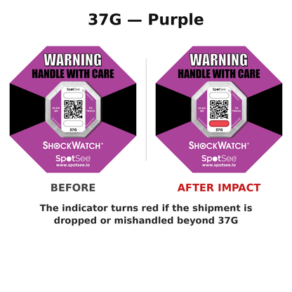 ShockWatch 2 QR 37G purple shown before and after impact — the window turns red if the shipment is dropped or mishandled beyond 37G