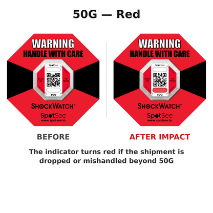 ShockWatch 2 QR 50G red shown before and after impact — the window turns red if the shipment is dropped or mishandled beyond 50G