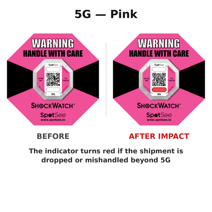 ShockWatch 2 QR 5G pink shown before and after impact — the window turns red if the shipment is dropped or mishandled beyond 5G