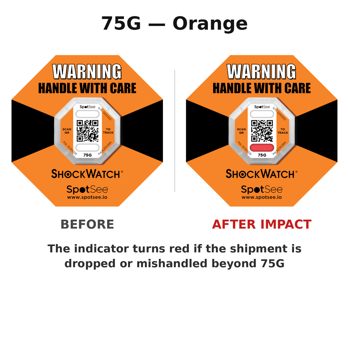 ShockWatch 2 QR 75G orange shown before and after impact — the window turns red if the shipment is dropped or mishandled beyond 75G
