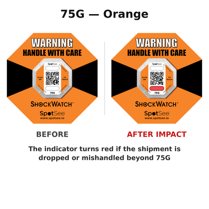 ShockWatch 2 QR 75G orange shown before and after impact — the window turns red if the shipment is dropped or mishandled beyond 75G
