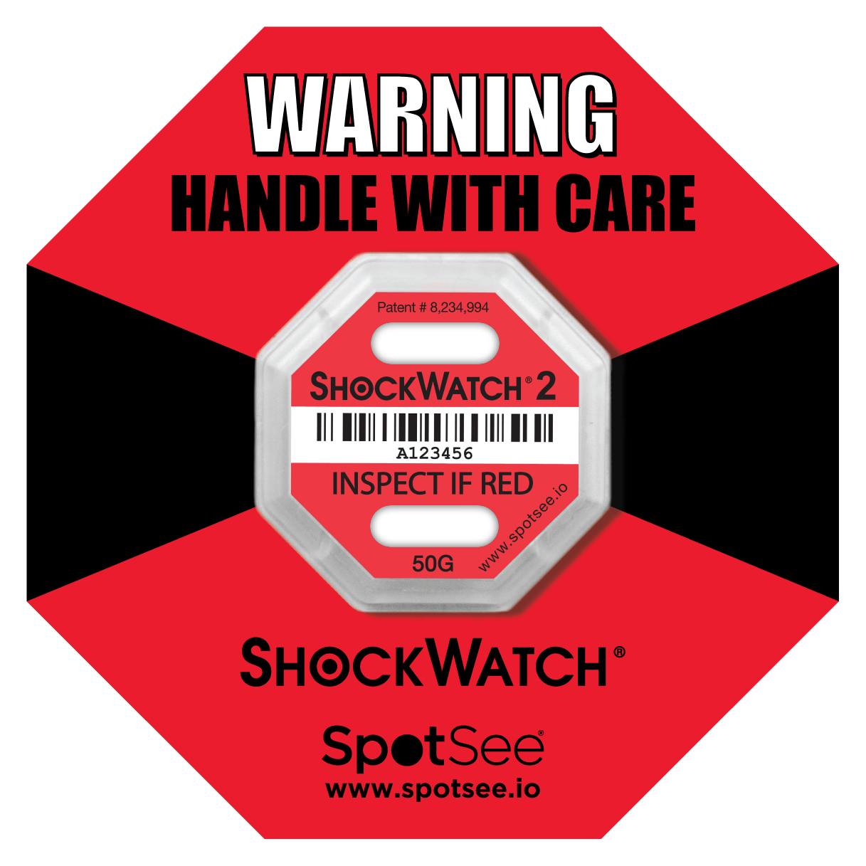 SpotSee® ShockWatch 2 Impact Indicators (5G–75G | 10 & 100 Packs)