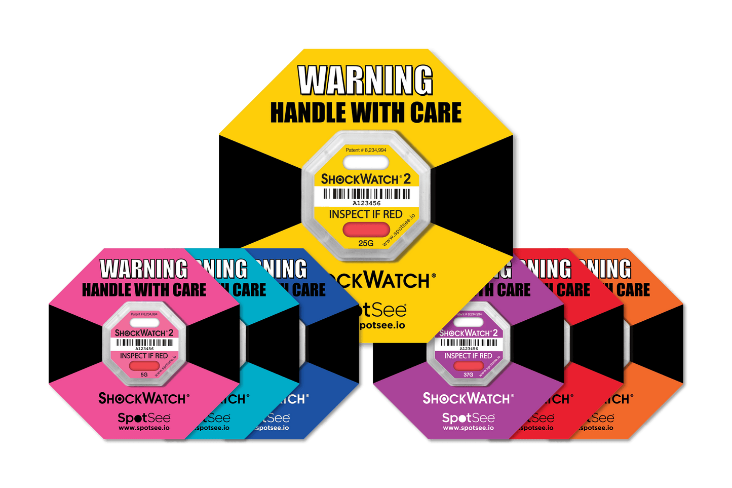 SpotSee® ShockWatch 2 Impact Indicators (5G–75G | 10 & 100 Packs)