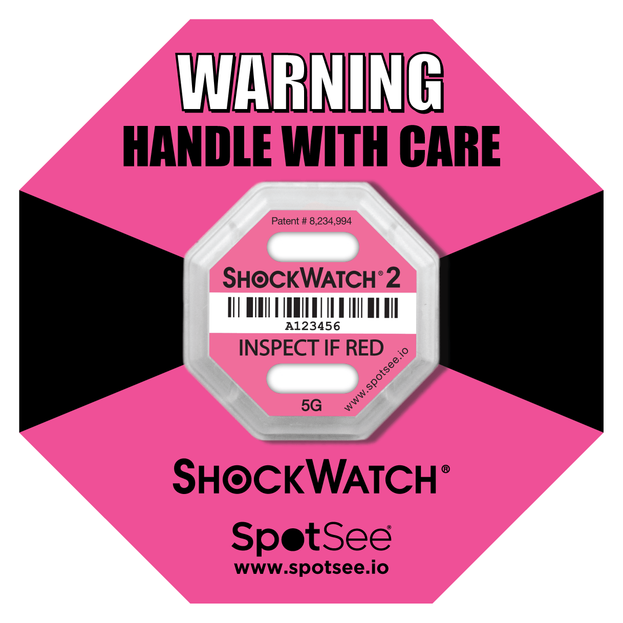 SpotSee® ShockWatch 2 Impact Indicators (5G–75G | 10 & 100 Packs)