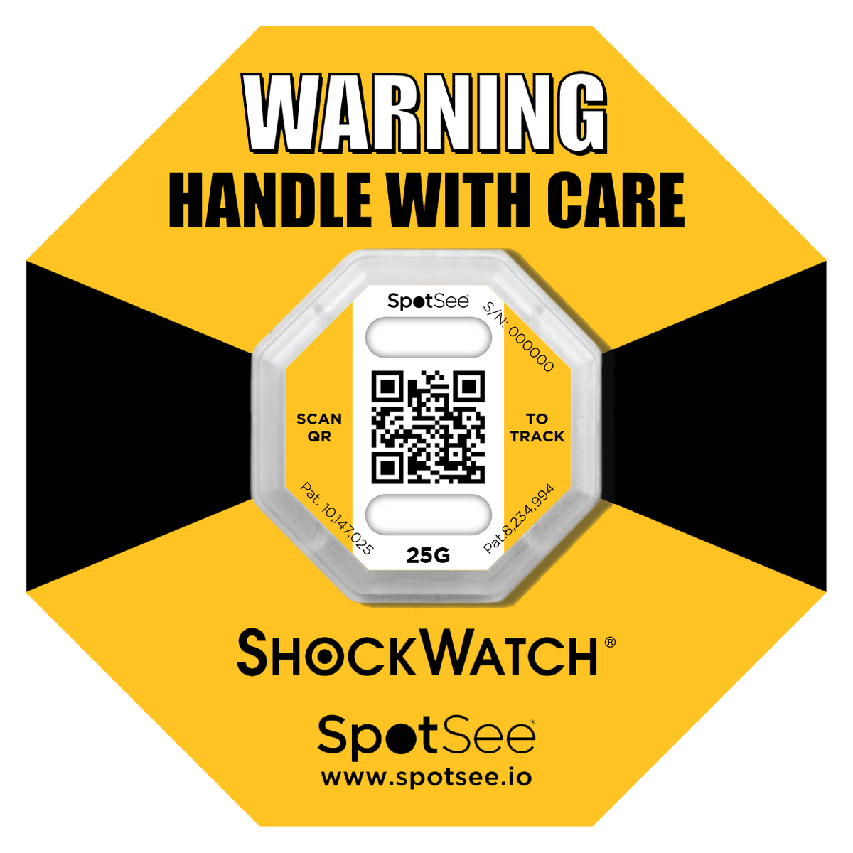 ShockWatch 2 QR impact indicator with 25G yellow warning ring label, unactivated