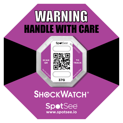 ShockWatch 2 QR impact indicator with 37G purple warning ring label, unactivated