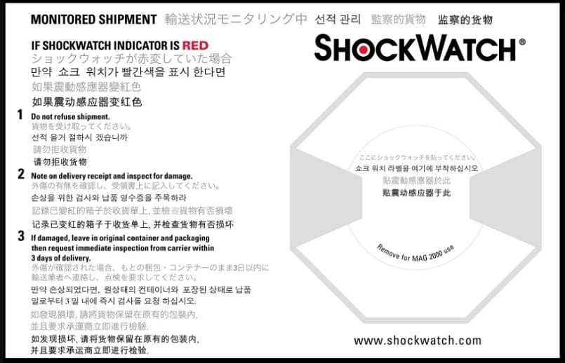 SpotSee ShockWatch and ShockDot multilingual companion labels roll with English, Japanese, Chinese and Korean handling instructions