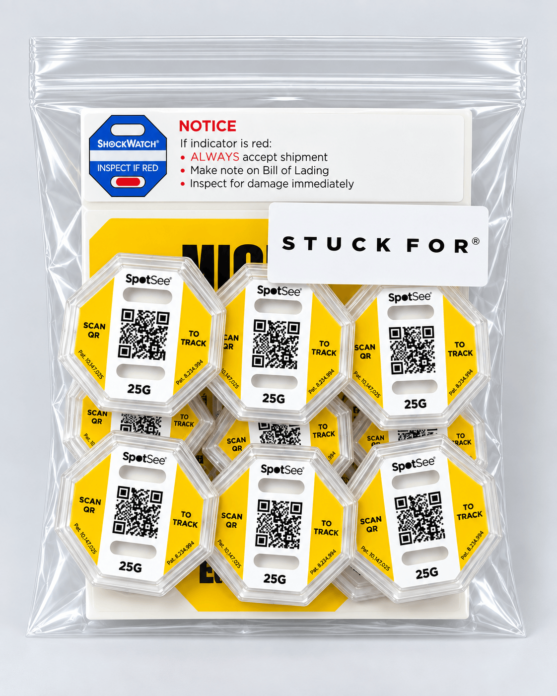 Stuck For ShockWatch 2 QR impact indicators, 10 pack of 25G yellow, in a grip-seal bag with ring labels and ShockWatch notice card