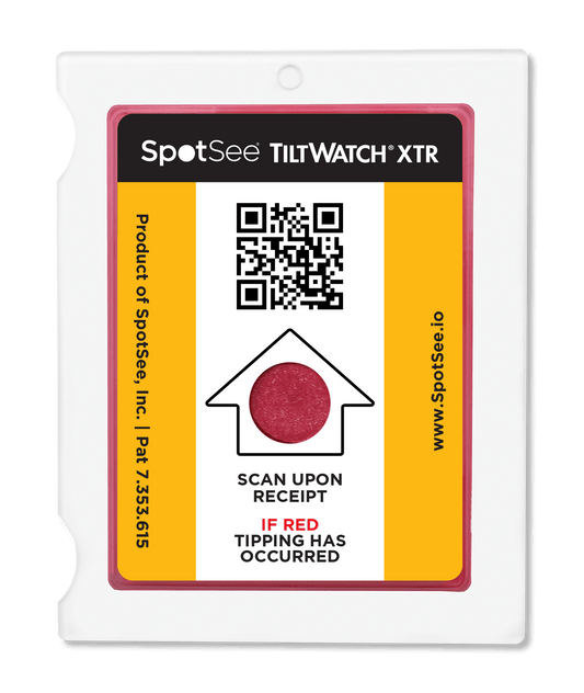SpotSee TiltWatch XTR QR tilt indicator, activated, red dot shows tipping has occurred