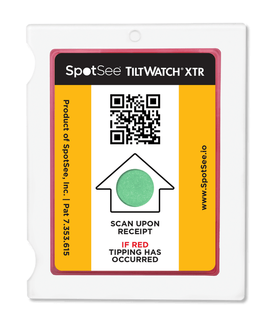 SpotSee TiltWatch XTR QR tilt indicator, unactivated, green dot shows the shipment has stayed upright