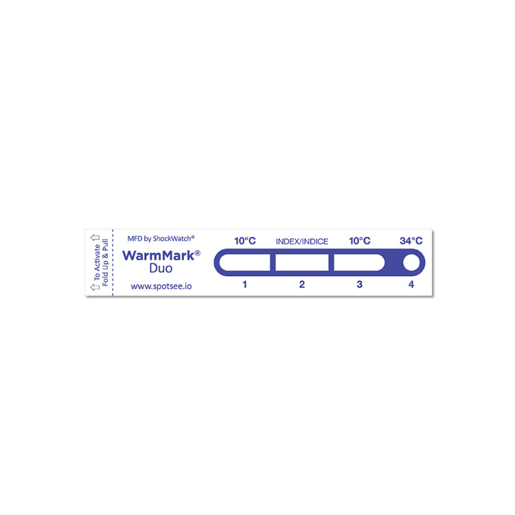 WarmMark Duo temperature indicator in unactivated state showing dual threshold format