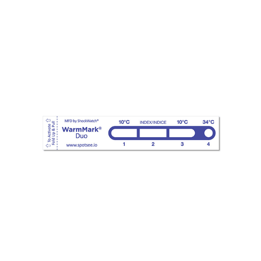 WarmMark Duo temperature indicator in unactivated state showing dual threshold format