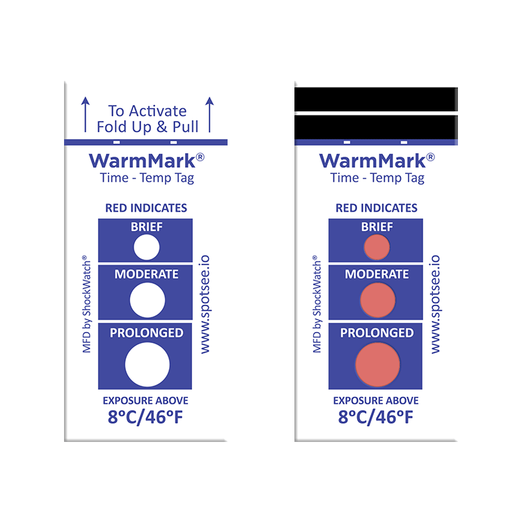 WarmMark short-run temperature indicator showing unactivated and activated states after temperature exposure