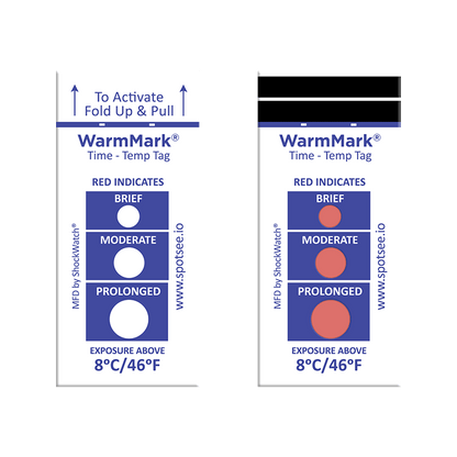 WarmMark short-run temperature indicator showing unactivated and activated states after temperature exposure