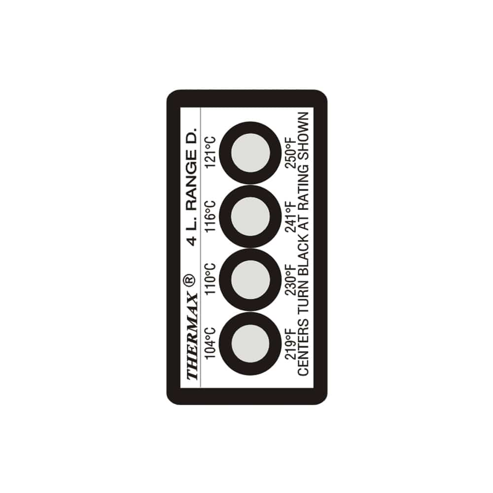 Thermax 4-Level temperature label Range D – 104°C to 121°C irreversible indicator