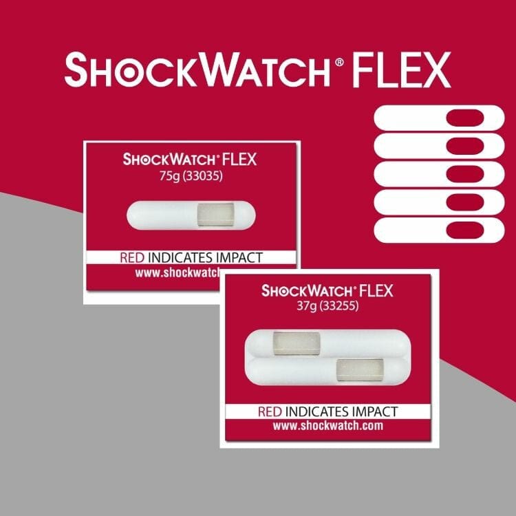 ShockWatch Flex packaging with red and white design on a red background