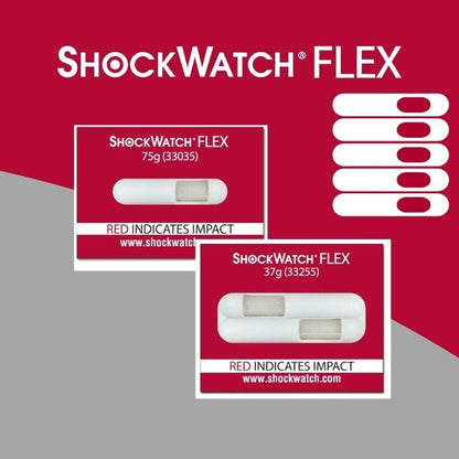 ShockWatch Flex packaging with red and white design on a red background