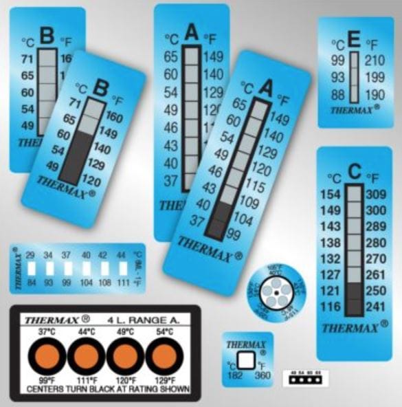 Thermax temperature indicator labels – full range colour group presentation