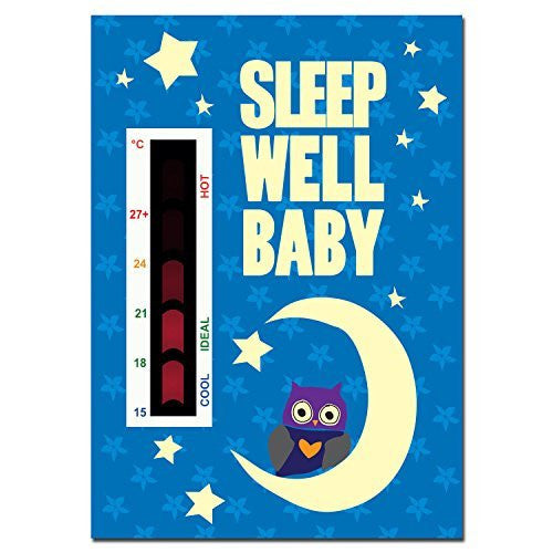 Sleep Well Baby - Baby Owl, Moon & Stars Nursery Room Thermometer Card With Moving Red Line