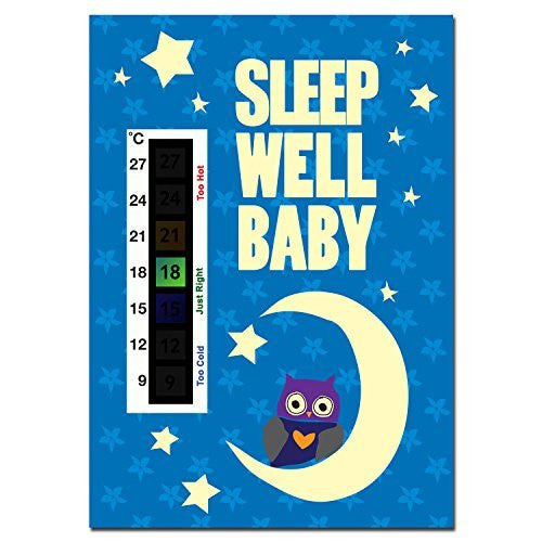 Sleep Well Baby - 9-27C Baby Owl, Moon & Stars Nursery Room Thermometer Card