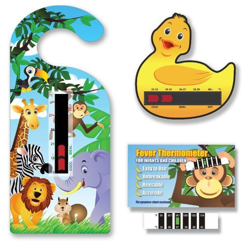 Baby Safe Ideas Thermometer Jungle Pack (Jungle Nursery and Room Thermometer Hanger, Duck Bath Thermometer and Monkey Forehead Thermometer)