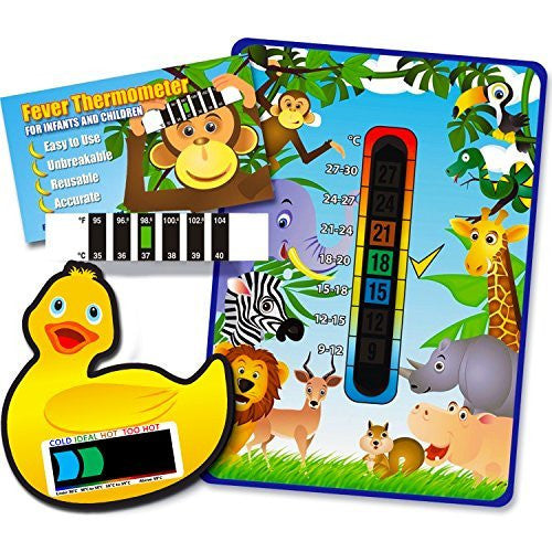 Pack of 'Happy Family' Jungle Animals Nursery and Room Thermometer Card, Duck Bath Thermometer Card and Monkey Forehead Thermometer